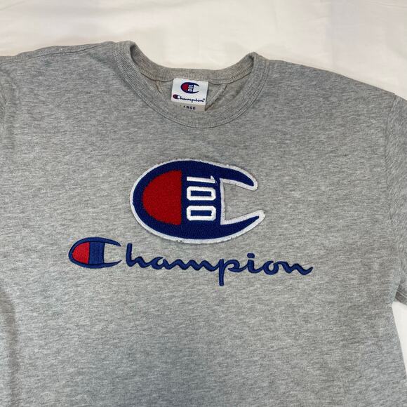 Champion 100 Year Anniversary Embroidered Logo T-Shirt Gray Men's Large - Picture 3 of 9